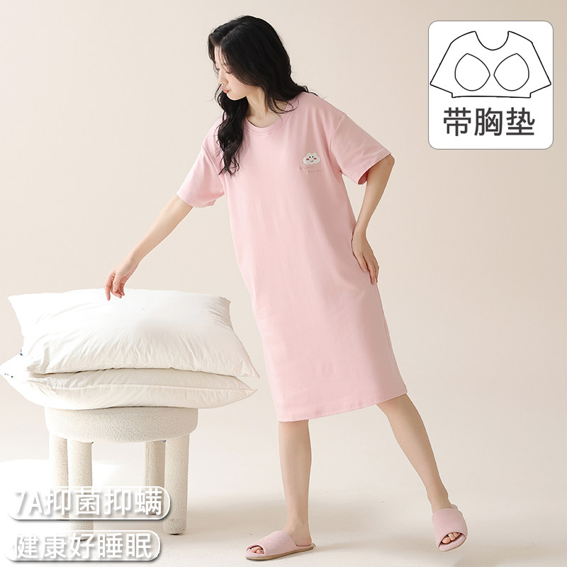 日式睡裙女款春夏季纯色纯棉带胸垫2025新款女士简约连体孕妇睡衣