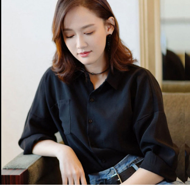 陈乔恩明星同款衬衫女宽松衬衫韩版显瘦黑色雪纺衫打底长袖女衬衣