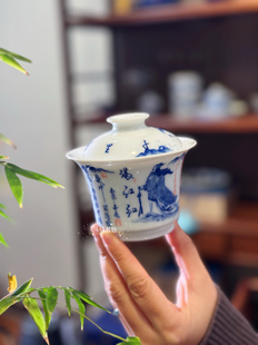 画堂春满江红盖碗壶承主人杯手绘青花瓷玉泥通透马蹄盖碗