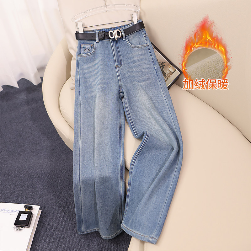 浅蓝色阔腿牛仔裤女加绒加厚