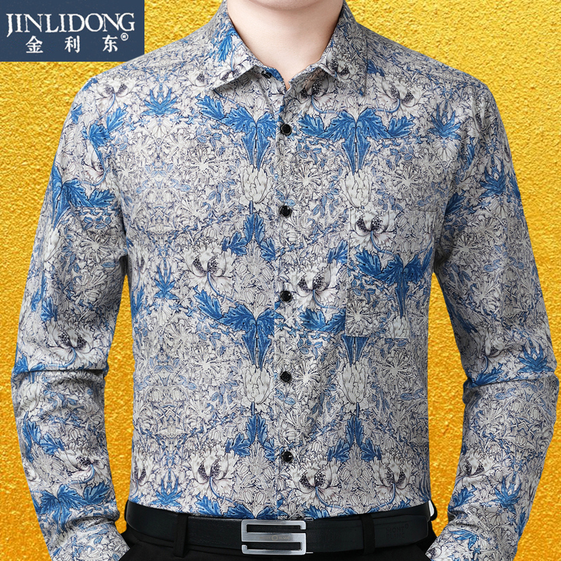 春秋季男士长袖衬衣纯棉印花宽松中年时尚休闲大码痞帅花衬衫男
