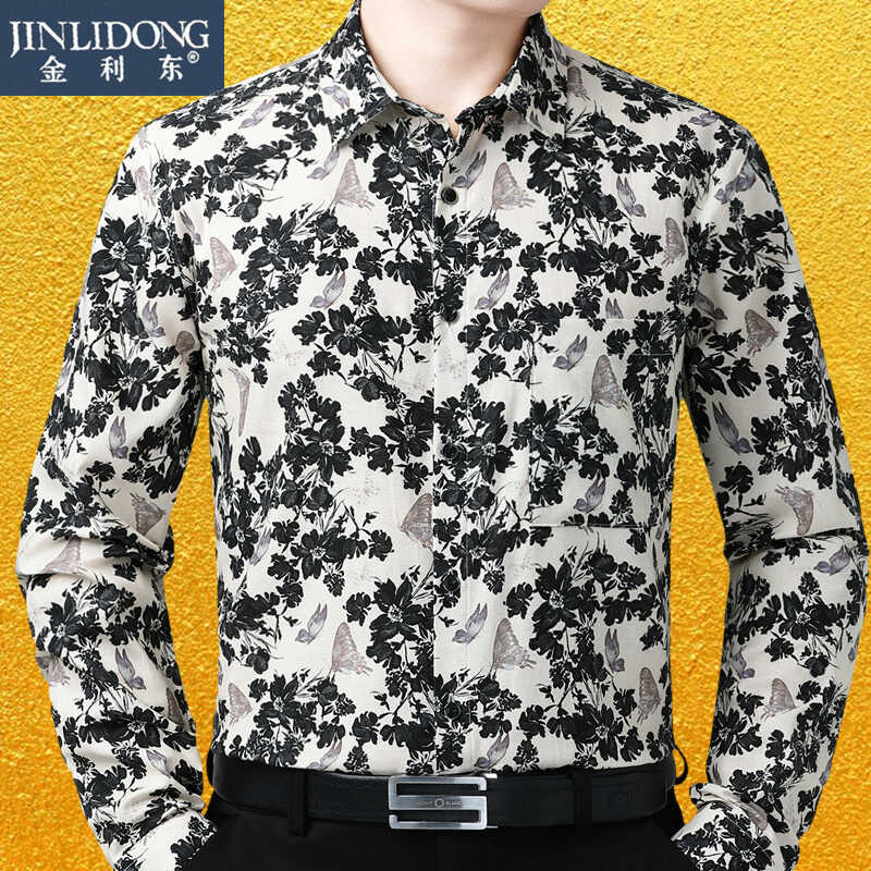春秋季品牌痞帅男士长袖衬衣纯棉印花宽松花衬衫休闲中年大码男装
