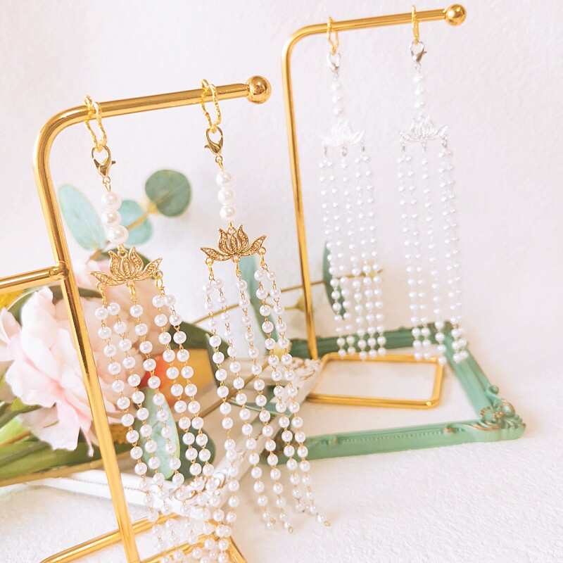 长款仿珍珠流苏半成品挂件活扣可拆古风步摇发簪配件莲花金银吊坠