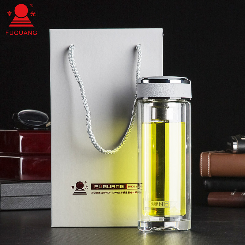 富光透明带盖创意便携双层水晶玻璃杯350ml加厚底杯子礼盒装G1502