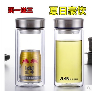 富光超大号双层玻璃水杯700-800/900ml便携家用防烫隔热1L带滤网