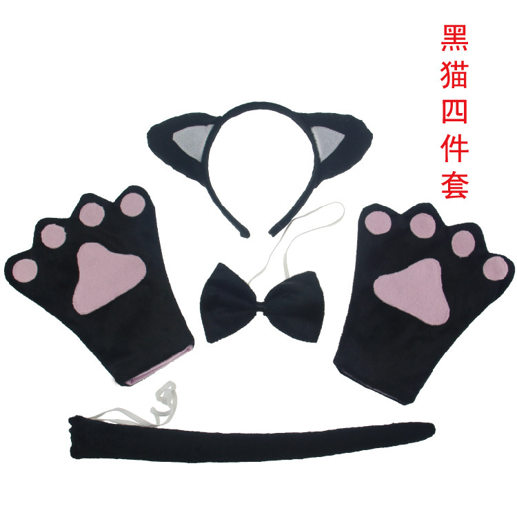 学猫叫头饰成人儿童表演出道具卡通动物头箍黑猫耳朵尾巴三件套