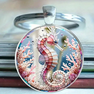 跨境新款粉红海马钥匙扣复古合金海洋灵感设彩色珊瑚礁钥匙扣挂饰