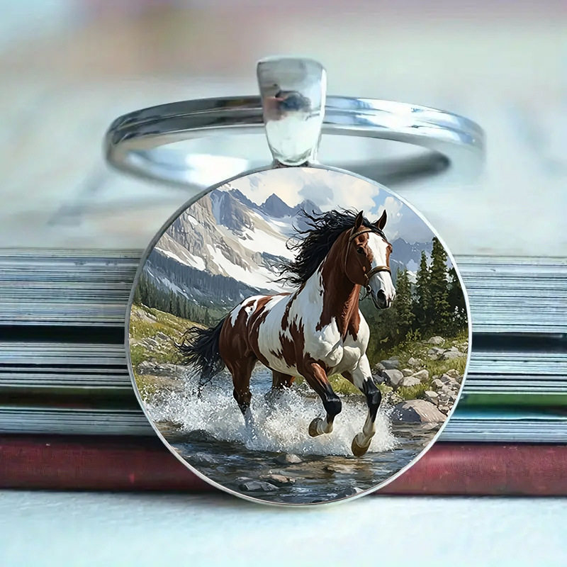 跨境新款 时尚水中奔跑的骏马图案时光宝石合金吊坠钥匙扣挂件