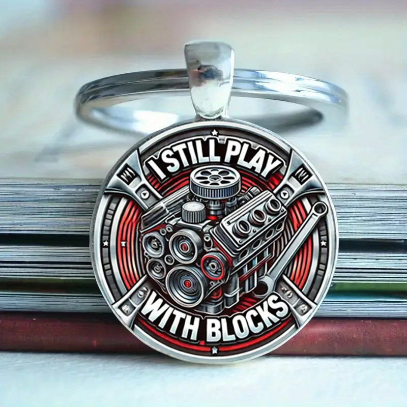 跨境新款 时尚汽车发动机图案圆形玻璃合金吊坠钥匙扣挂件挂饰