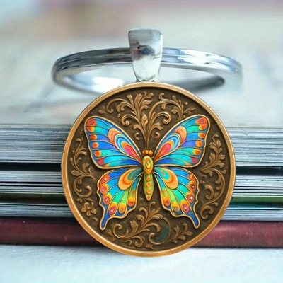 跨境新款金色背景上的彩翼蝴蝶图案时光宝石吊坠钥匙扣饰品小礼物