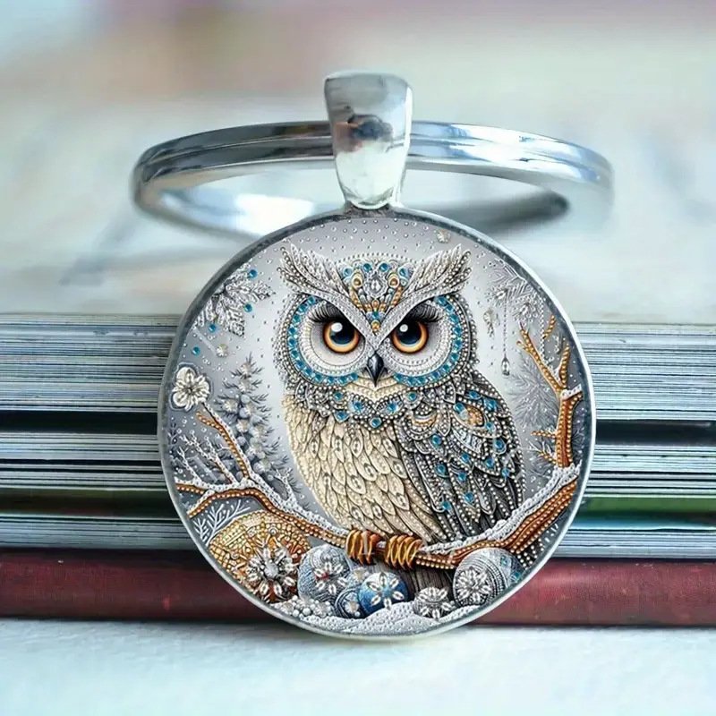 跨境新款精致复古猫头鹰图案时光宝石合金吊坠钥匙扣挂件挂饰礼品