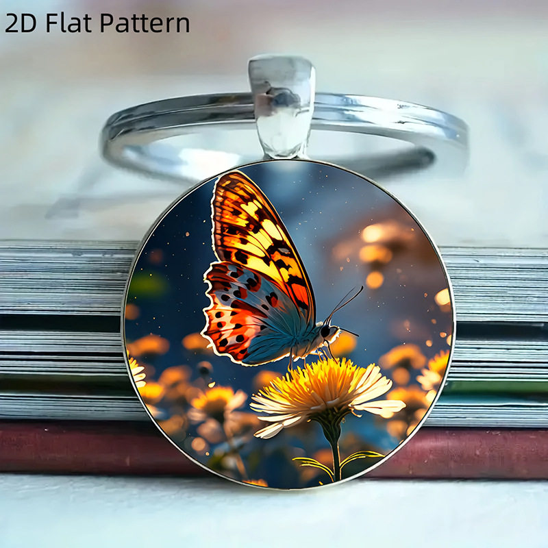 跨境热 时尚蝴蝶花朵图案圆形玻璃合金吊坠钥匙扣挂件挂饰小礼物