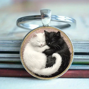 跨境新款 创意情侣猫咪图案圆形玻璃合金钥匙扣挂件挂饰小礼物