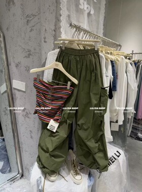 韩国东大门夏季新款韩版时尚彩色条纹抹胸+宽松显瘦工装裤套装女