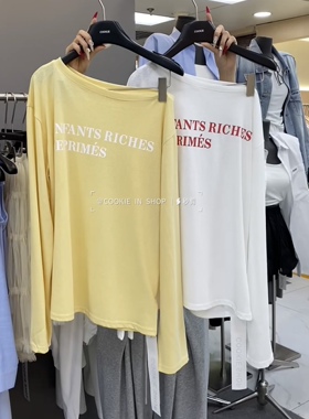 韩国东大门2026春新款韩版时尚百搭显瘦字母印花斜肩长袖T恤女