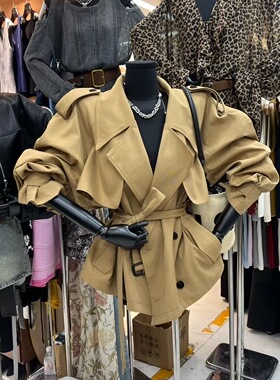 韩国东大门2025秋季新时尚设计感风衣外套女宽松双排扣绑带收腰