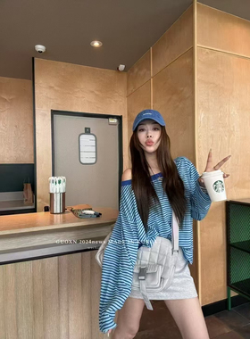 韩国东大门新款韩系ins风宽松休闲漏肩一字肩条纹防晒长袖T恤