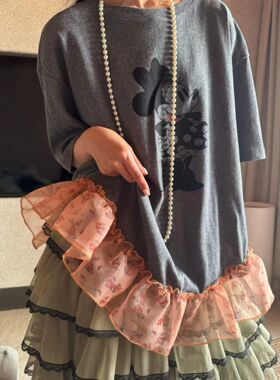 韩国东大门2026春新款韩系ins风卡通印花荷叶边裙摆宽松T恤