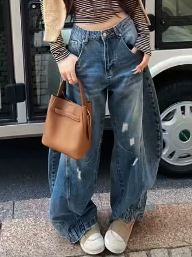 孤品韩国东大门2026洋气复古百搭宽松显瘦弯刀裤阔腿牛仔裤女