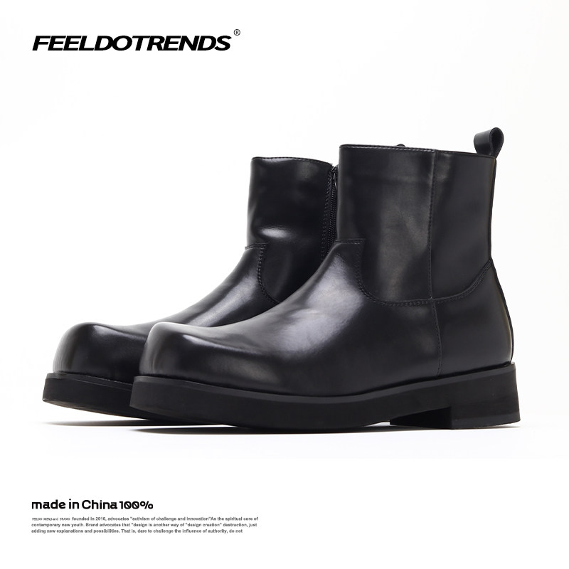 WASTE CAPITAL TRENDY BRITISH STYLE CHELSEA BOOTS MENS SIDE ZIPPER OBLIQUE SQUARE TOE NICHE RETRO HIGH-END SLEEVE BOOTS