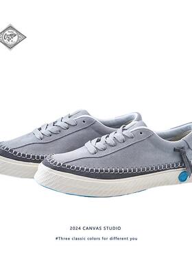 原创小众翻毛皮低帮帆布鞋男女休闲indie灰色拼接印第安风格板鞋