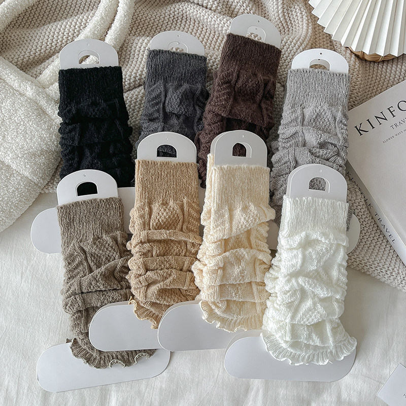 Y2K日系学院风秋冬季加绒麻花纹木耳花边纯色袜套JK少女保暖腿套