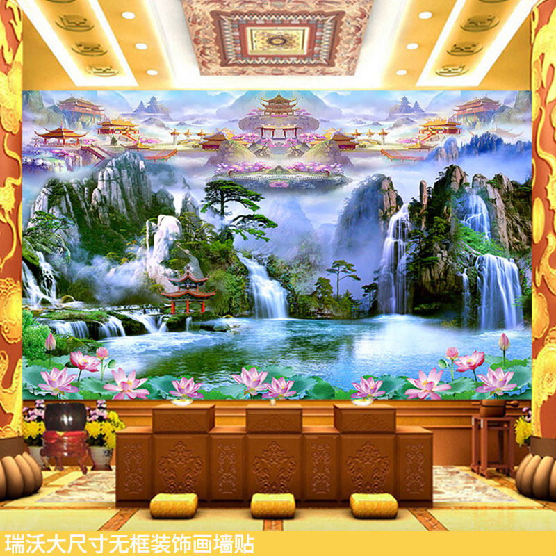 高山流水仙境佛堂壁画瑶池莲花图
