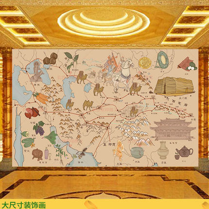 丝绸之路地图装饰画地理历史文化背景墙张骞骆驼商队途经物产壁布