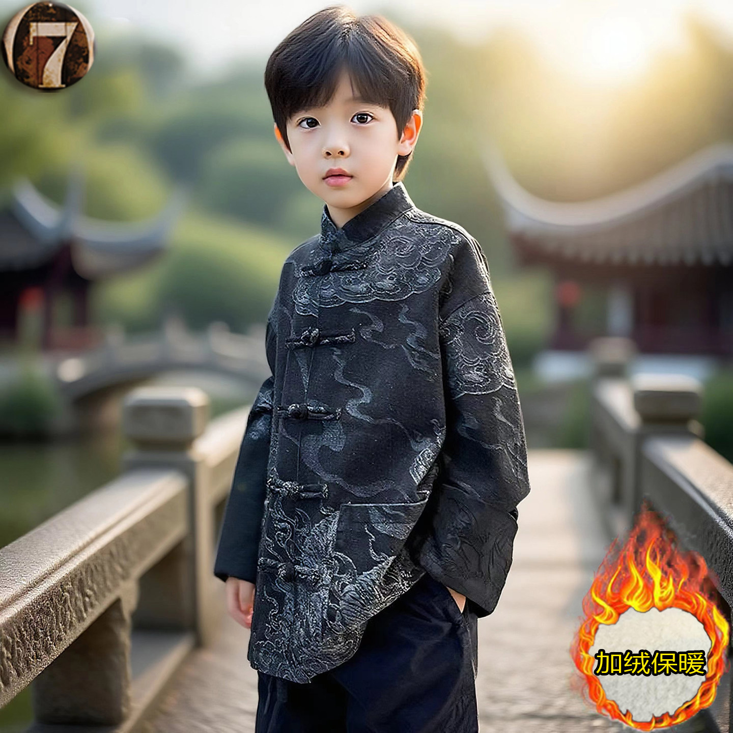 男童牛仔外套新中式加绒唐装汉服图片