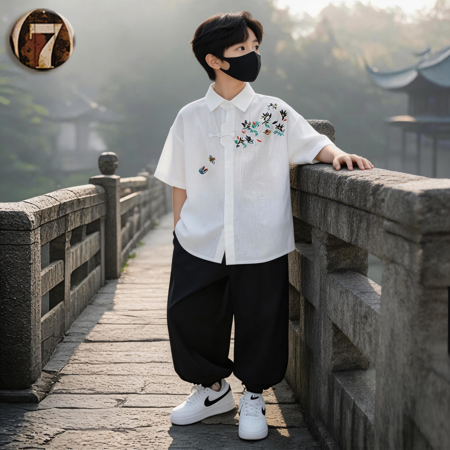 儿童新中式男童夏装刺绣短袖衬衫两件套中大童薄款国风棉麻套装潮