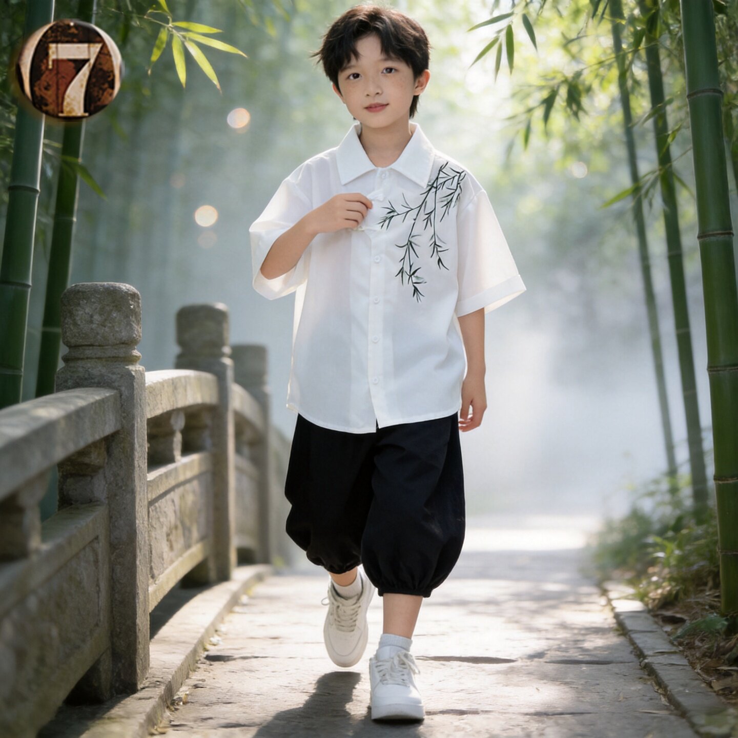 男童夏季新中式竹纹刺绣两件套图片