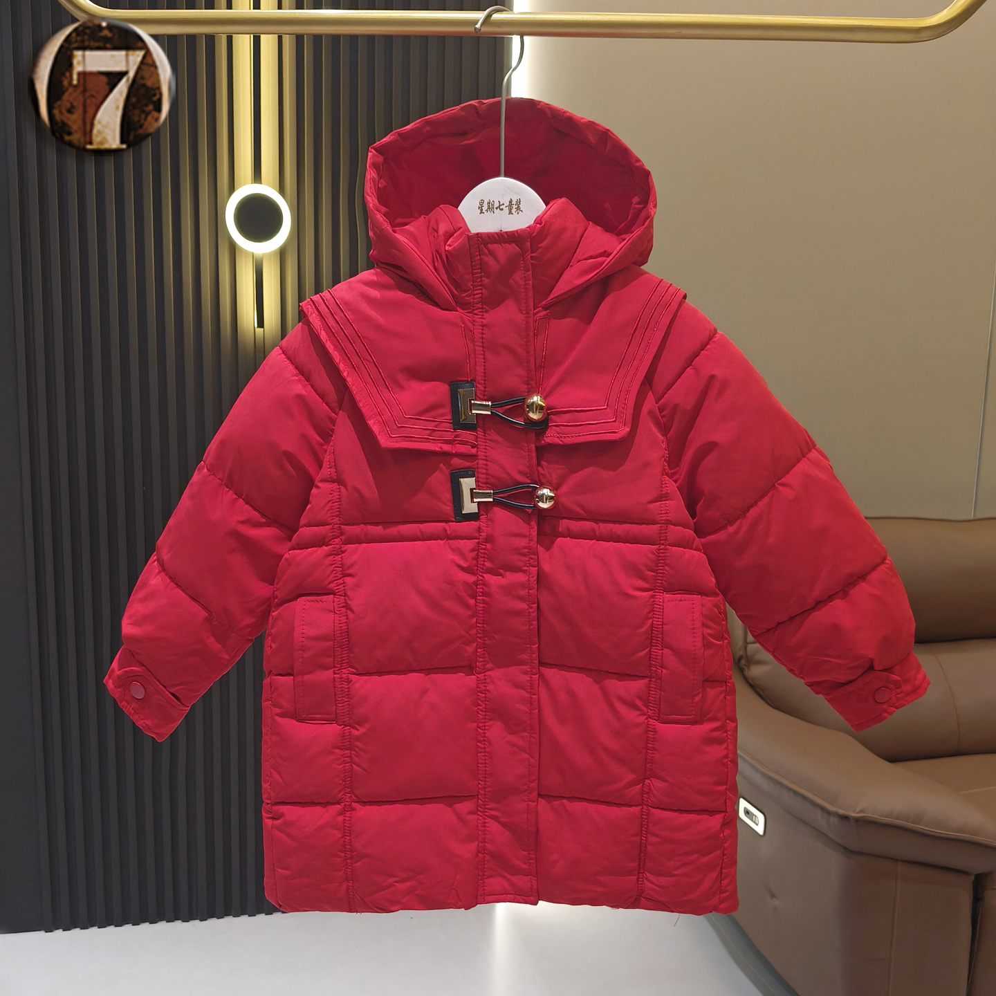女童红色棉服中长款2025冬季
