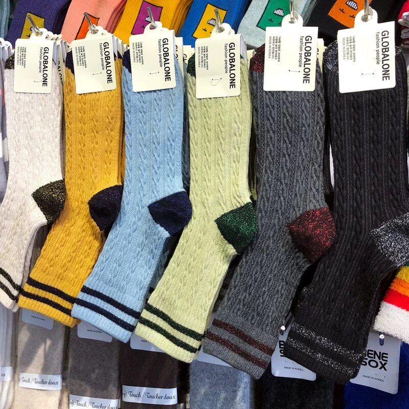 2026韩国女袜东大门928复古麻花螺纹中筒棉袜银葱两杠彩跟潮袜子