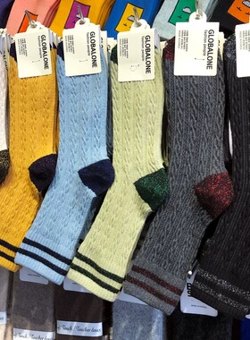 2026韩国女袜东大门928复古麻花螺纹中筒棉袜银葱两杠彩跟潮袜子