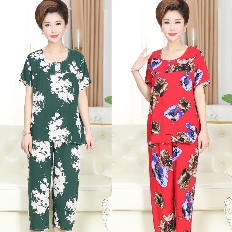 5钻棉绸短袖时尚绝美夏宽松外穿睡衣中老年加大妈妈家居服两件套