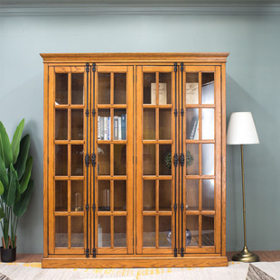 木朵朵家具原木美式 餐边柜橡木定制纯实木法式 复古做旧天地锁书柜