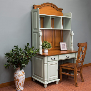家具全原木电脑桌带书架定制纯实木儿童连体书桌柜组合 木朵朵美式