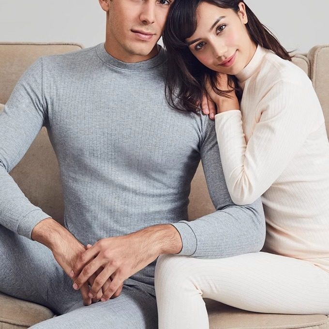 三枪保暖内衣女中高领纯棉薄款男秋衣秋裤抽条全棉打底棉毛衫套装