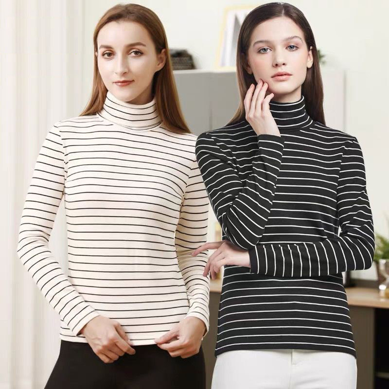 三枪秋衣女士秋冬季内搭彩条高翻领单件保暖上衣可外穿长袖打底衫