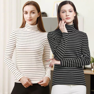 三枪秋衣女士秋冬季内搭彩条高翻领单件保暖上衣可外穿长袖打底衫