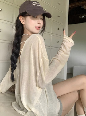 美背薄纱长袖防晒罩衫t恤女2025新款夏季慵懒薄款宽松中长款上衣