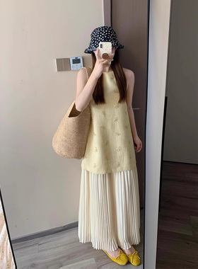 法式假两件小香风连衣裙女夏季新款轻奢高级感海边度假气质中长裙