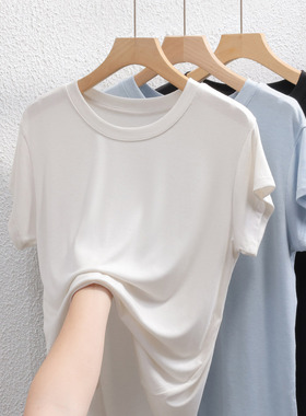 2026新款天丝羊毛短袖女t恤夏季圆领修身飞袖设计感纯色正肩上衣
