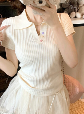 polo领短袖T恤女2025夏季设计感褶皱短款洋气针织衫夏日女装上衣