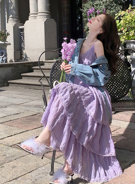 甜美减龄白色法式吊带连衣裙女装夏季度假风小个子宽松蛋糕长裙子