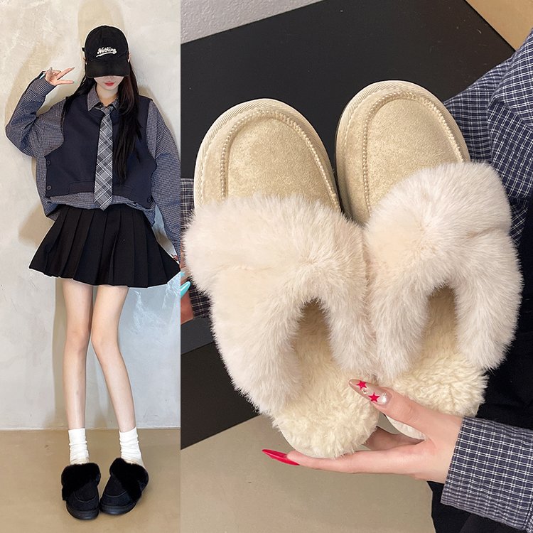 2025新款中底皮毛一体雪地靴女包头半拖外穿增高毛毛鞋松糕底拖鞋