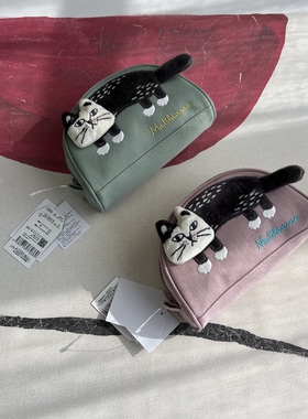 日BenK*刺绣可爱爬猫零钱包化妆包收纳包布艺卡通小钱包