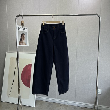 经典靛蓝色复古水洗立裁拼接半松紧腰发热磨绒牛仔裤女冬新