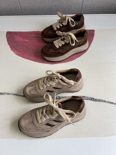 复古时髦头层牛皮二条杠厚底增高老爹鞋 ～ 女百搭运动休闲鞋