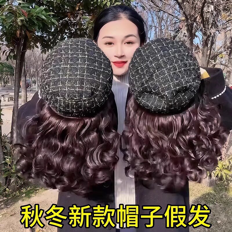 帽子假发一体秋冬洋气妈妈小香风海军帽假发慵懒全头套英伦复古帽